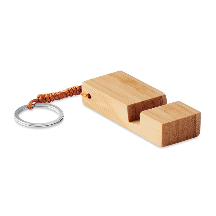 Bamboo key ring TRINEU with phone stand, with your logo