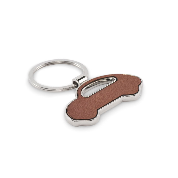 Car shaped metal key ring LAR with recycled PU leather inlay and your logo