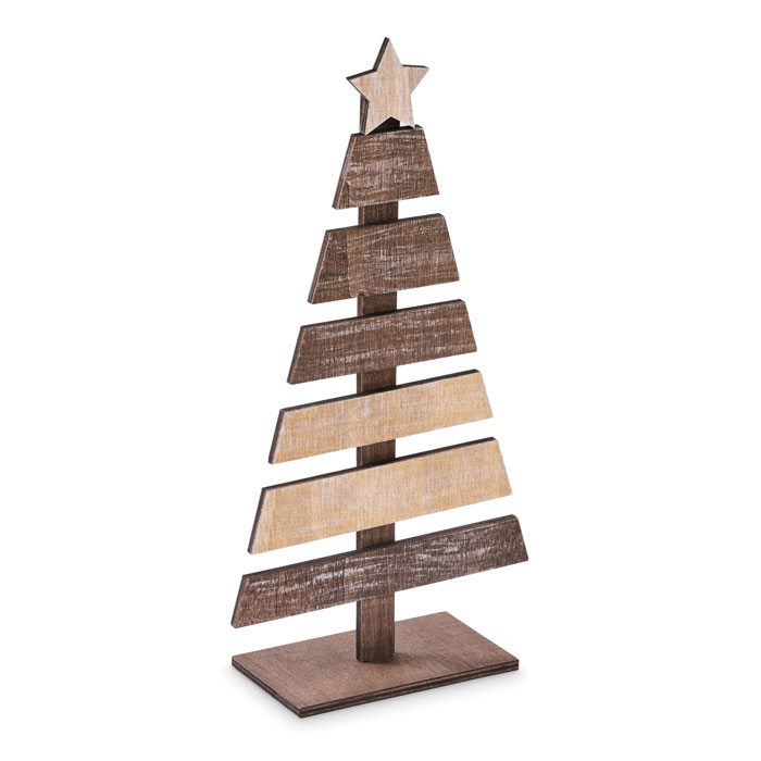 Wooden Christmas tree decoration PUINEN with compact base and your logo