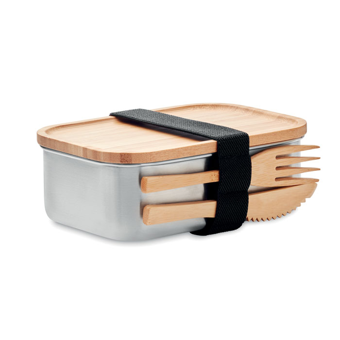 Stainless steel lunch box SAVANNA with bamboo lid and cutlery, with your logo