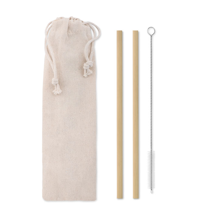 Bamboo straw set NATURAL STRAW with cleaning brush in cotton pouch, with your logo