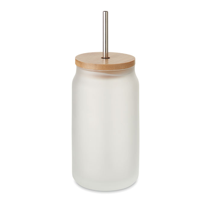 Glass mason jar JARBLIM 400 ml for sublimation with bamboo lid and straw, with your logo
