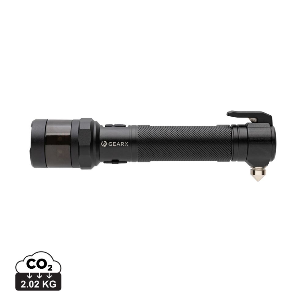 Gear X RCS recycled aluminium car torch with belt cutter and window hammer, with your logo