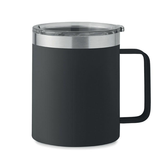 Double wall mug INARI 300 ml in recycled stainless steel with sliding lid, with your logo