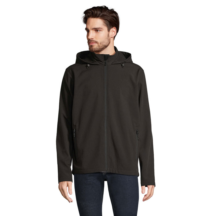 Vīriešu softshell jaka ar kapuci RACE HOODED MEN no pārstrādāta poliestera ar jūsu apdruku