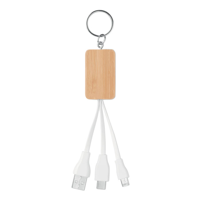 Bamboo 3-in-1 charging cable key ring CLAUER with USB-A, Micro-B and Type C with your logo