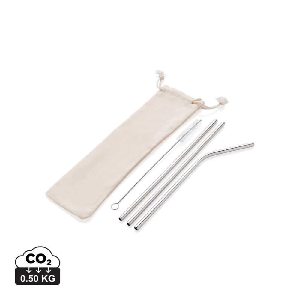 Reusable stainless steel straw set, 3 pcs, with cotton pouch and your logo