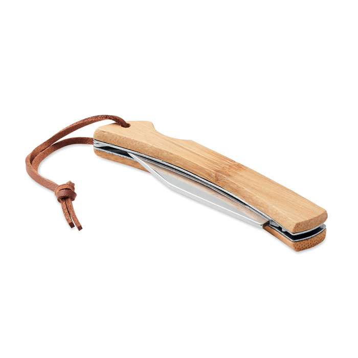 Foldable locking knife MANSAN with bamboo handle and PU cord with your logo