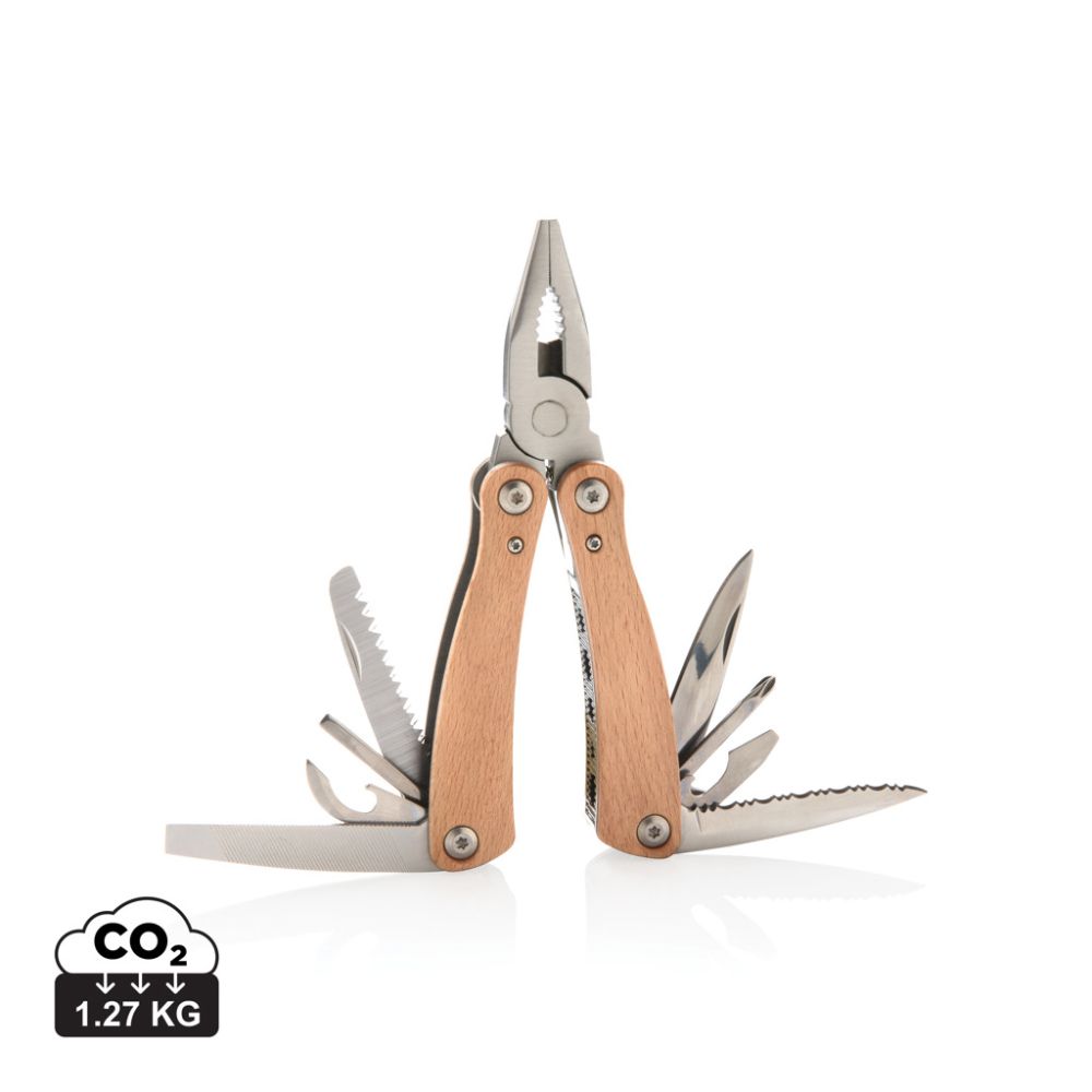 Wood multitool with 13 functions and beech wood case with your logo