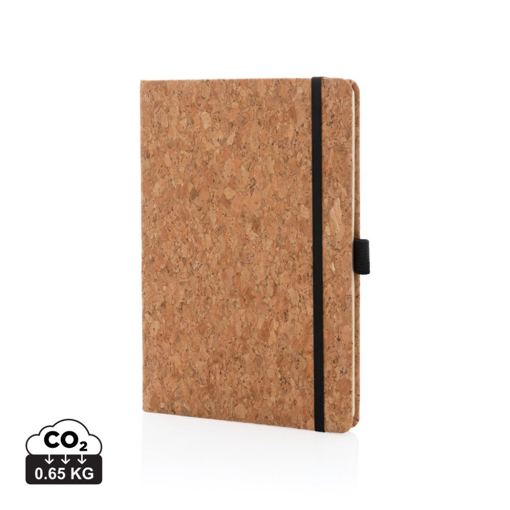 A5 cork hardcover notebook with elastic closure and pen loop, with your logo