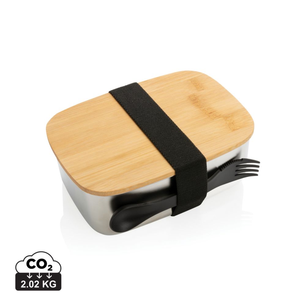 Stainless steel lunchbox with bamboo lid and spork, 0.9 l, with your logo