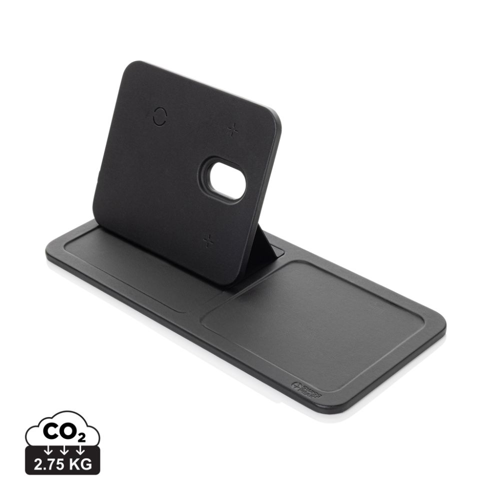 Swiss Peak 3 in 1 wireless charger desk tray, RCS recycled PU, foldable, with your logo