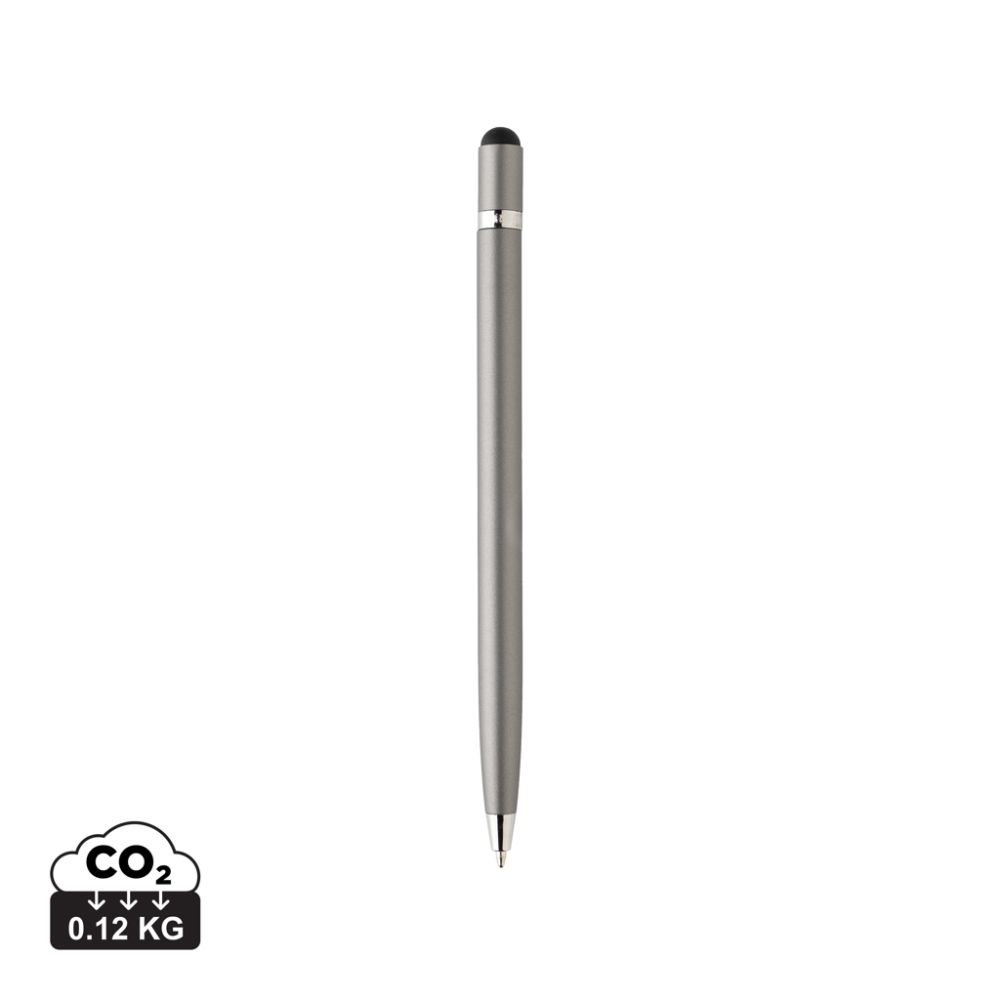 Simplistic metal pen with stylus and blue ink, with your logo
