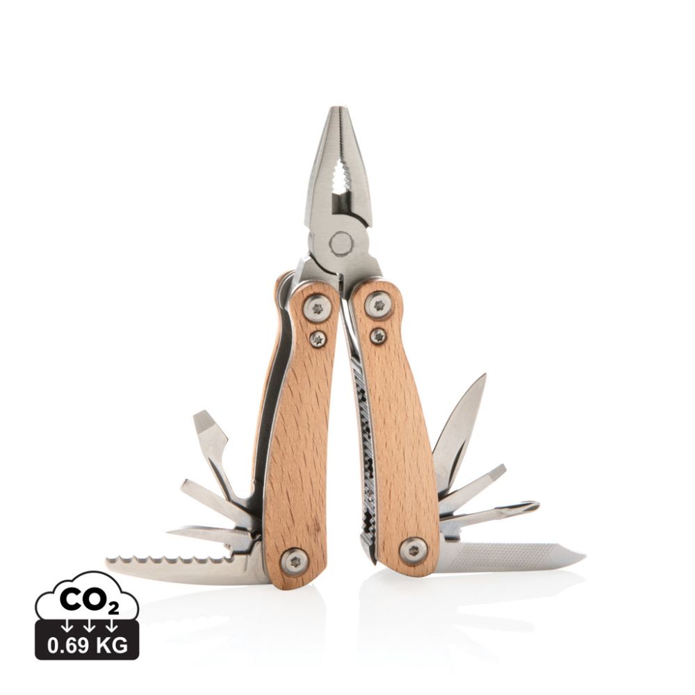 Wood multitool mini with 12 functions and beech wood case with your logo