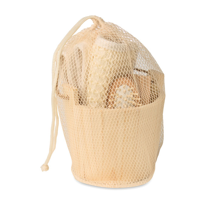 SELFCARE bath gift set in a wooden bucket, natural wood and jute, with your logo
