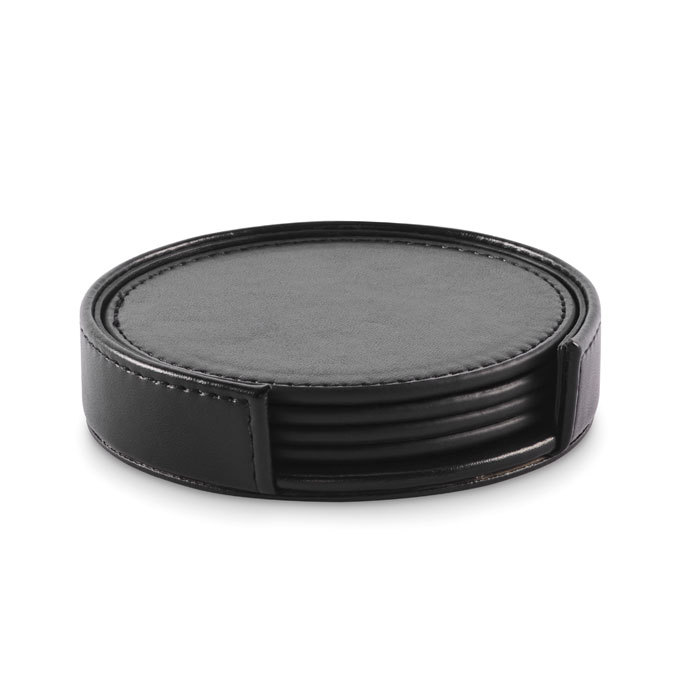 PU coaster set POSA SET with holder and space on each coaster, with your logo