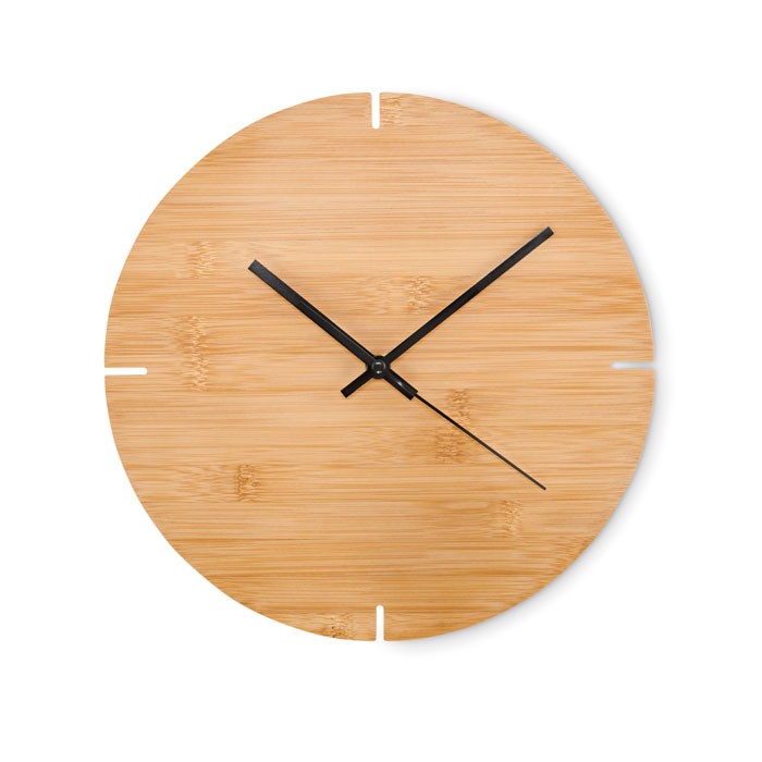 Bamboo wall clock ESFERE with round 30 cm face and laser engraved logo, with your logo