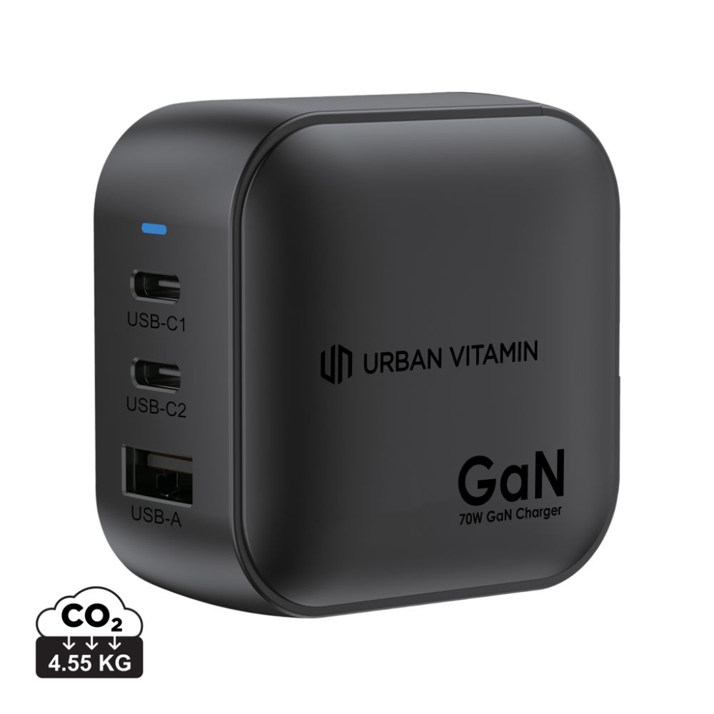 Lādētājs Urban Vitamin Santa Cruz 70 W GaN ar USB-C un USB-A ar jūsu logo