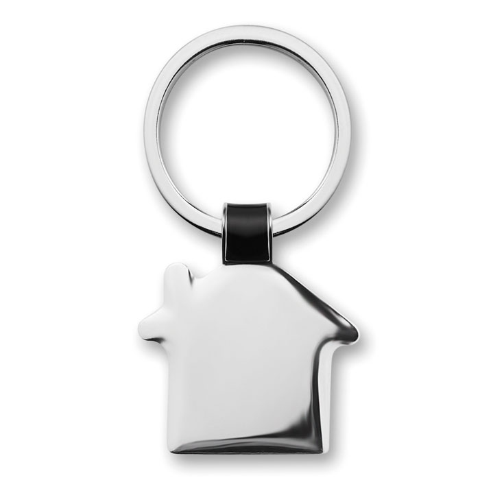 HOUSY house-shaped metal key ring with shiny nickel finish and your logo