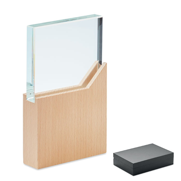 ZEAL glass award plaque on a beech wooden base with your logo
