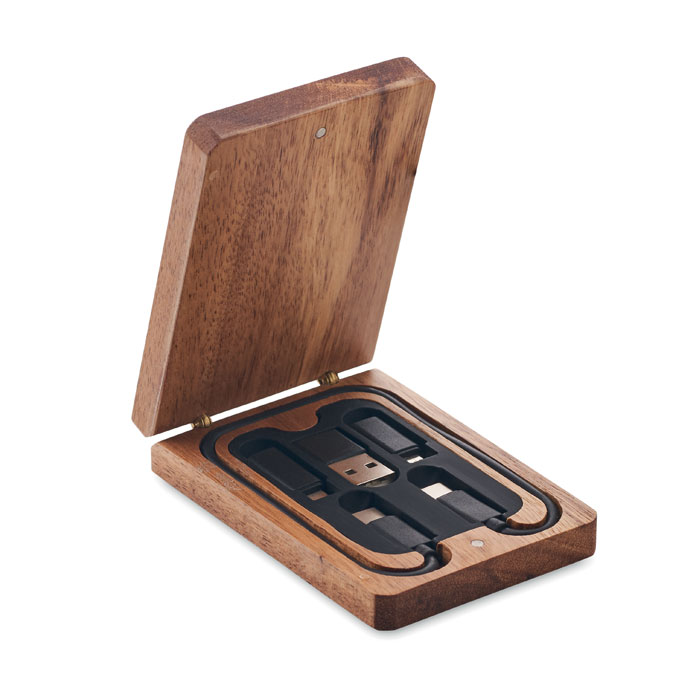 3-in-1 charging cable set VERSA in a wooden box with your logo