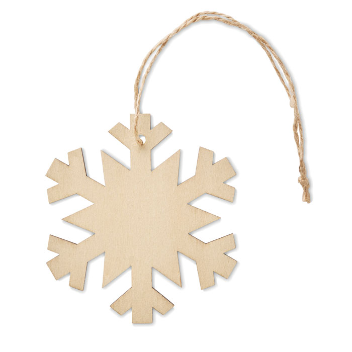 Wooden snowflake tree decoration NEUY with jute cord and your logo